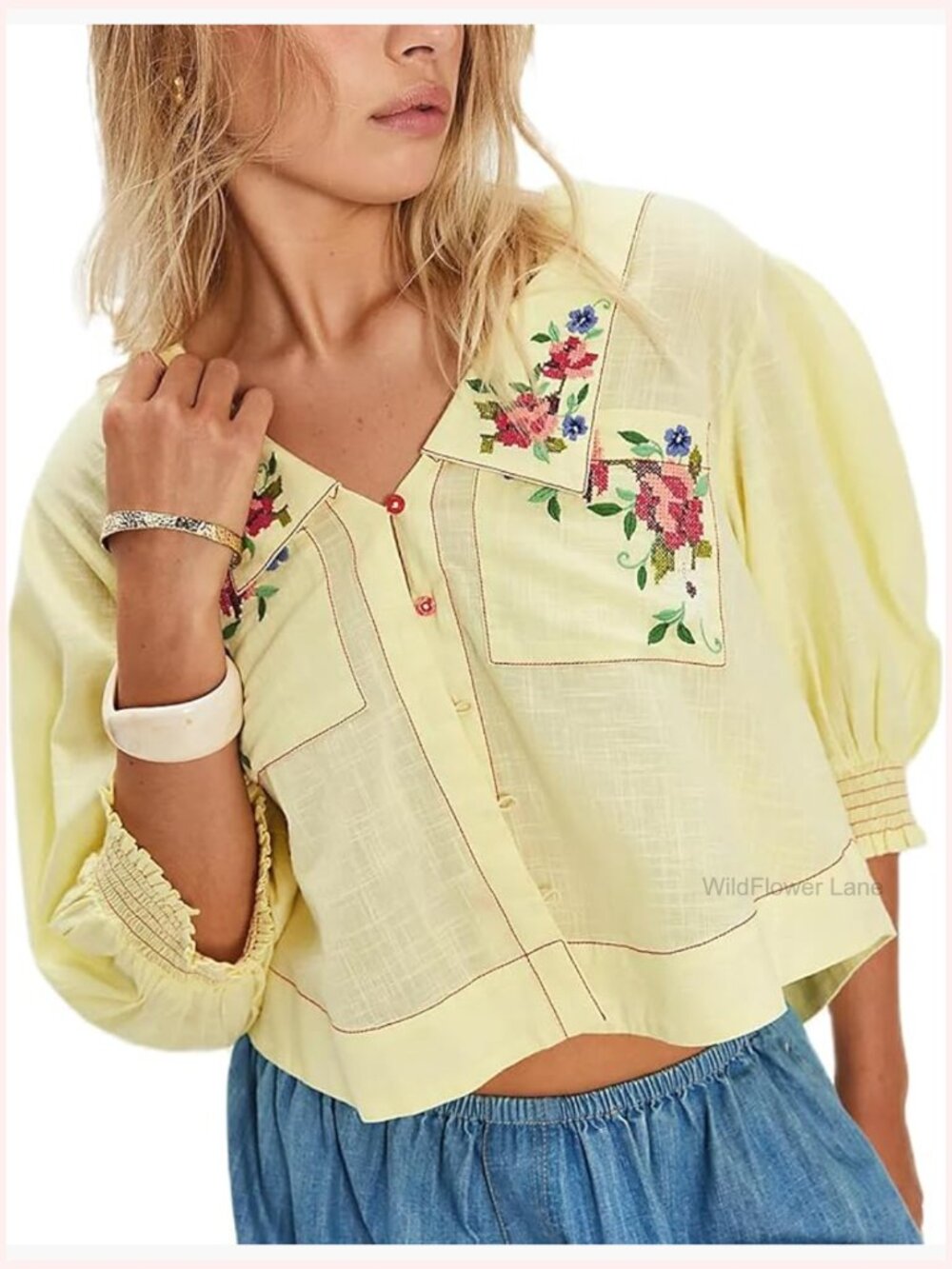 Y2k Button Up Embroidered Floral Blouse Crop Top Puff Smocked Sleeve